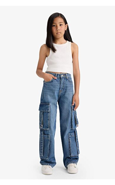 DeFacto Kız Çocuk Wide Leg Kargo Geniş Paça Jean Pantolon E6184A825AUNM28