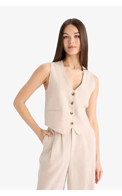 V Yaka Keten Karışımlı Yelek E6209AX25SPBG286