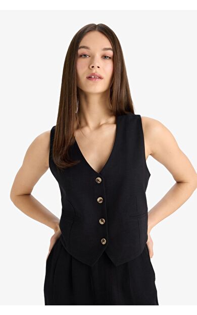 DeFacto V Yaka Keten Karışımlı Blazer Yelek E6209AX25SPBK81