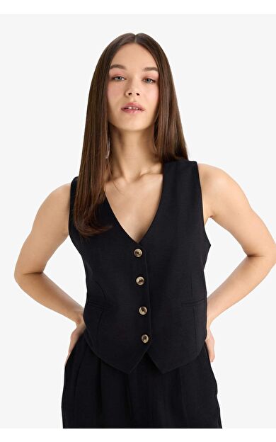 V Yaka Keten Karışımlı Blazer Yelek E6209AX25SPBK81