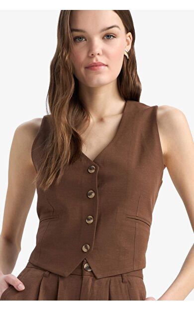 V Yaka Keten Karışımlı Yelek E6209AX25SPBN254