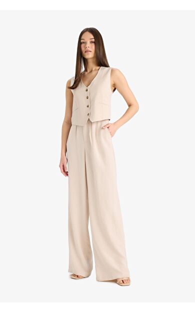 DeFacto Wide Leg Fermuarlı Normal Bel Standart Boy Keten Karışımlı Pantolon E6210AX25SPBG286