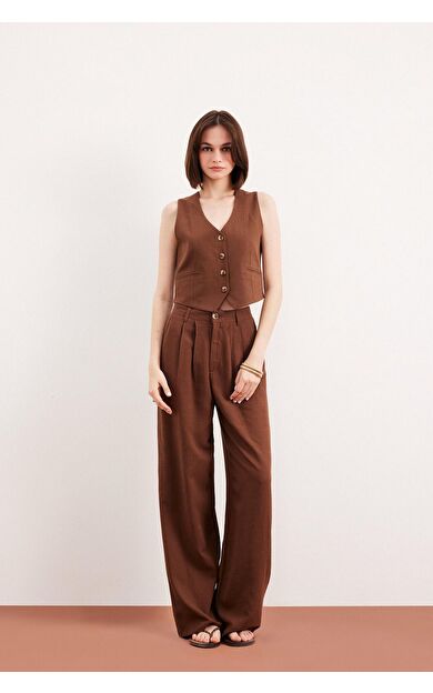 DeFacto Wide Leg Fermuarlı Normal Bel Standart Boy Keten Karışımlı Pantolon E6210AX25SPBN254