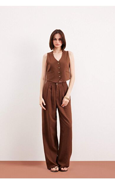 DeFacto Wide Leg Fermuarlı Normal Bel Standart Boy Keten Karışımlı Pantolon E6210AX25SPBN254