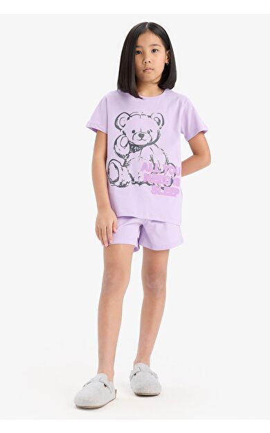 DeFacto Kız Çocuk Pijama Takımı Baskılı Kısa Kollu Üst Beli Lastikli Şort