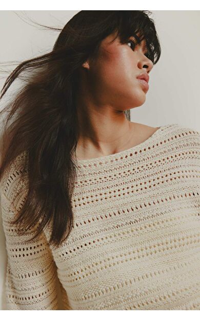 Oversize Geniş Kalıp Kayık Yaka Ajur Triko Kazak