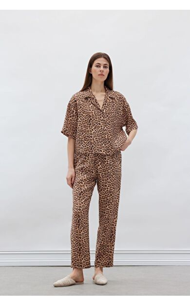 DeFacto Carrot Fit Leopar Desenli Modal Kumaş Pantolon Çift Cepli Yüksek Bel Düz Paça