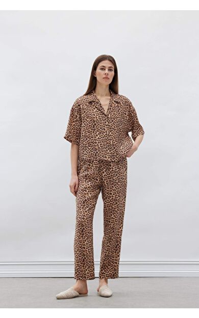 DeFacto Carrot Fit Leopar Desenli Modal Kumaş Pantolon Çift Cepli Yüksek Bel Düz Paça