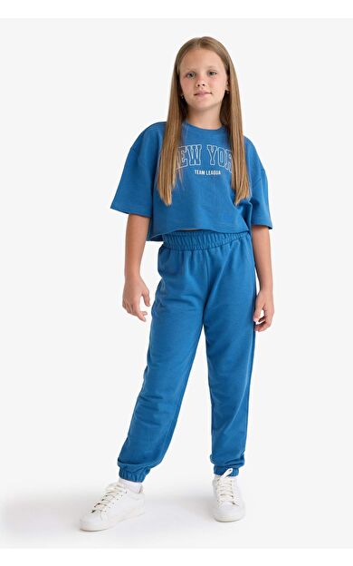 DeFacto Kız Çocuk 2'li Takım Baskılı Kısa Kollu Tişört Beli Lastikli Eşofman Altı E6414A825AUBE376