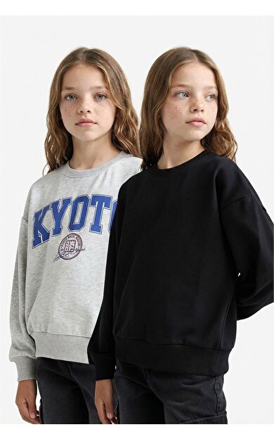 DeFacto Kız Çocuk Relax Fit Bisiklet Yaka Slogan Baskılı 2'li Sweatshirt