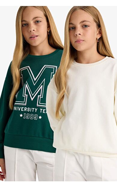 DeFacto Kız Çocuk Okula Dönüş Relax Fit Bisiklet Yaka Slogan Baskılı 2'li Sweatshirt