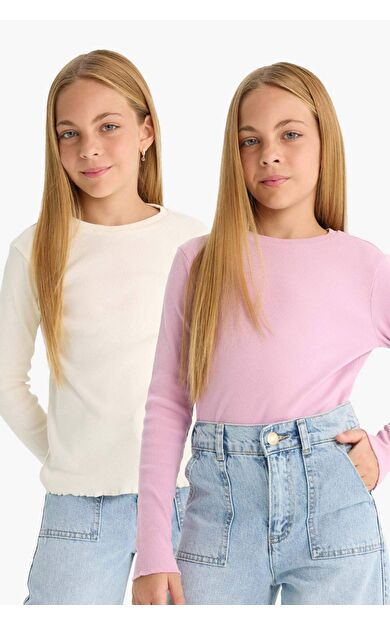 DeFacto Kız Çocuk Okula Dönüş Slim Fit Dar Kesim Bisiklet Yaka Fitilli Kaşkorse 2'li Uzun Kollu Tişört