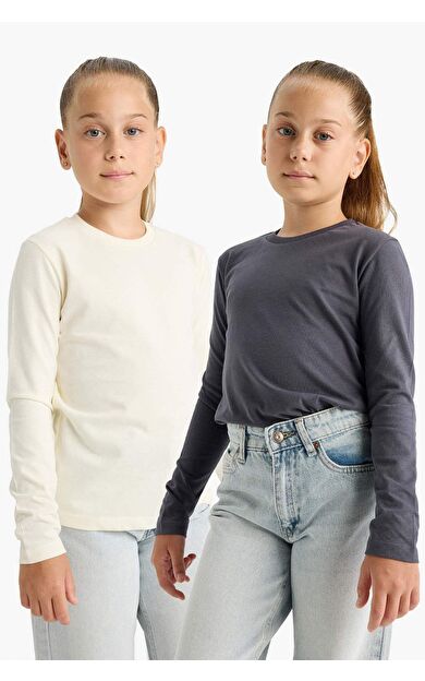 DeFacto Kız Çocuk Regular Fit Bisiklet Yaka 2'li Uzun Kollu Tişört