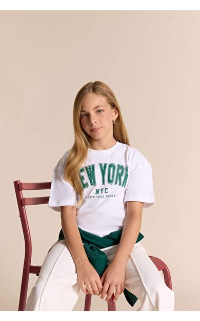 Kız Çocuk Relax Fit Bisiklet Yaka Baskılı Kısa Kollu Tişört