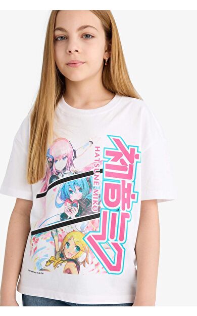 DeFacto Kız Çocuk Hatsune Miku Relax Fit Bisiklet Yaka Kısa Kollu Tişört