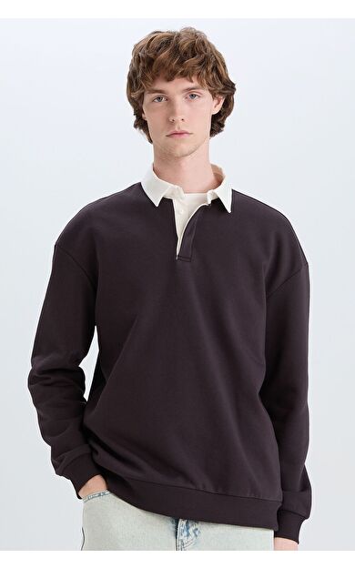 DeFacto Boxy Fit Polo Yaka Basic Düz Sweatshirt E6523AX24WNBN337