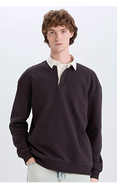 DeFacto Boxy Fit Polo Yaka Basic Düz Sweatshirt E6523AX24WNBN337