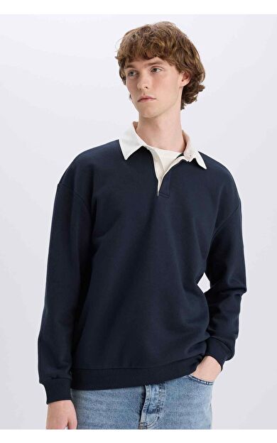 DeFacto Boxy Fit Polo Yaka Basic Düz Sweatshirt E6523AX24WNNV82