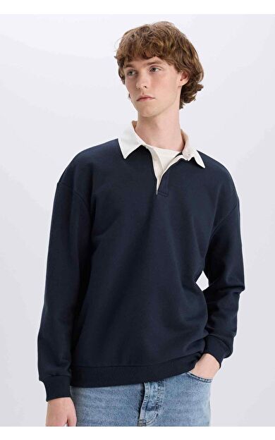DeFacto Boxy Fit Polo Yaka Basic Düz Sweatshirt E6523AX24WNNV82