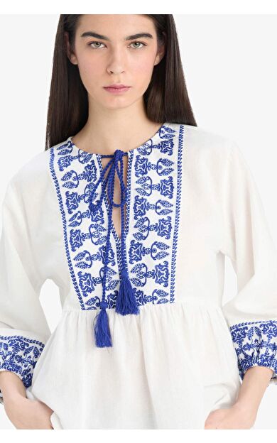 Regular Fit Bisiklet Yaka Keten Görünümlü Uzun Kollu Bluz