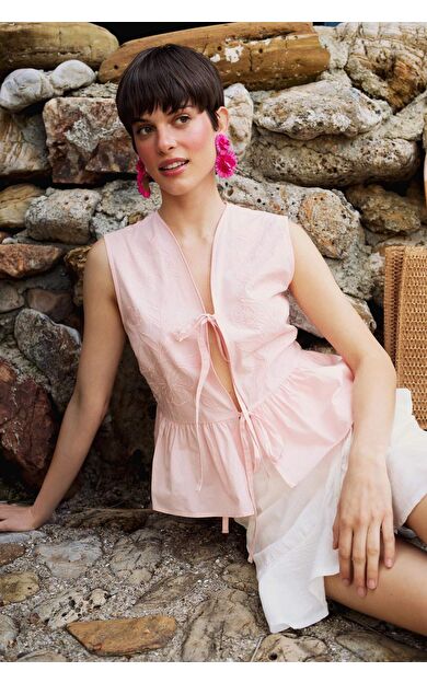 Fitted V Yaka Poplin Kolsuz Bluz