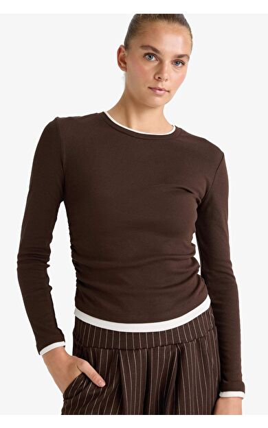 Slim Fit Dar Kesim Bisiklet Yaka Ribana Uzun Kollu Tişört E6548AX25AUBN267