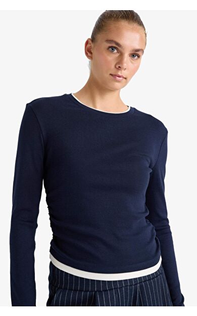 Slim Fit Dar Kesim Bisiklet Yaka Ribana Uzun Kollu Tişört E6548AX25AUNV245