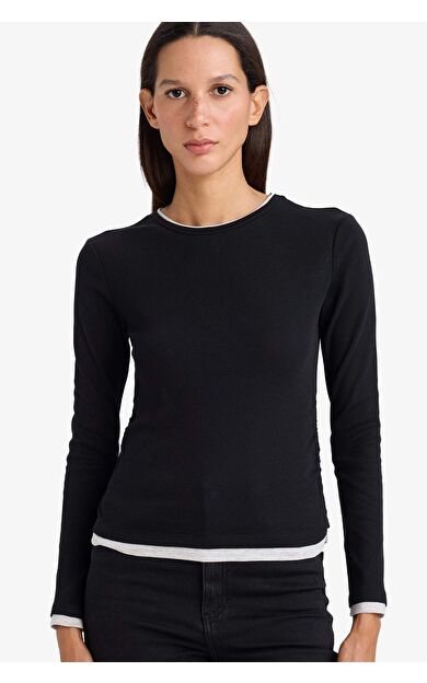 Slim Fit Dar Kesim Bisiklet Yaka Basic Düz  Ribana Uzun Kollu Tişört