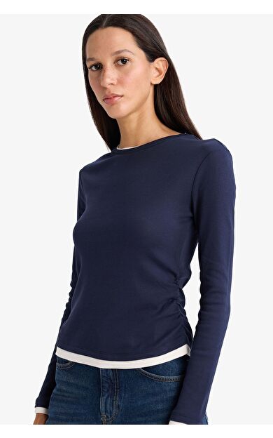 DeFacto Slim Fit Dar Kesim Bisiklet Yaka Basic Düz Ribana Uzun Kollu Tişört