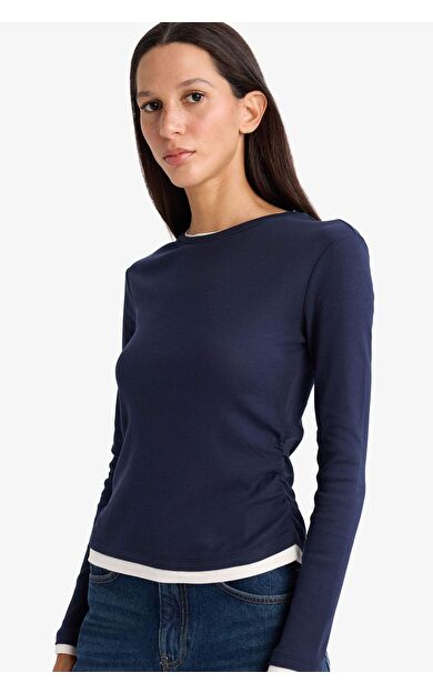 Slim Fit Dar Kesim Bisiklet Yaka Basic Düz Ribana Uzun Kollu Tişört