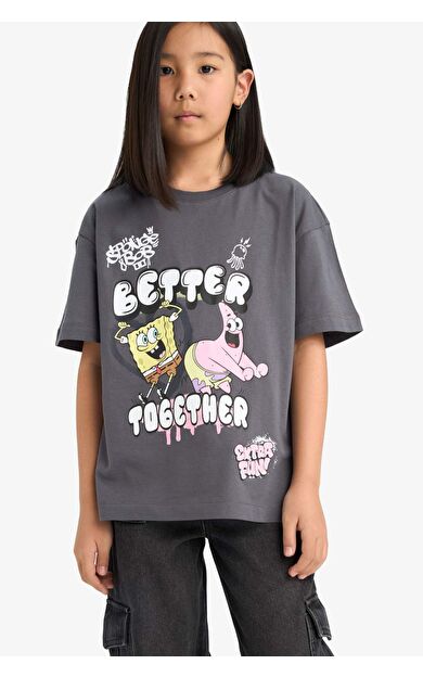 DeFacto Kız Çocuk SpongeBob Oversize Geniş Kalıp Bisiklet Yaka Kısa Kollu Tişört E6565A825HSAR148