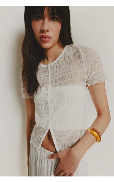 DeFacto Fitted Bisiklet Yaka Tül Kısa Kollu Bluz