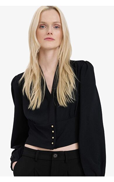 Fitted V Yaka Krep Uzun Kollu Bluz