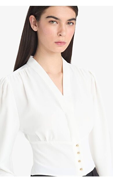 Fitted V Yaka Krep Uzun Kollu Bluz