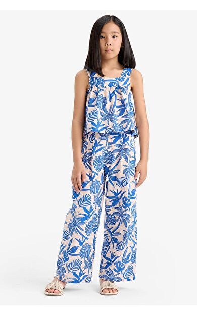 DeFacto Kız Çocuk 2'li Takım Keten Görünümlü Desenli Kolsuz Bluz Pantolon