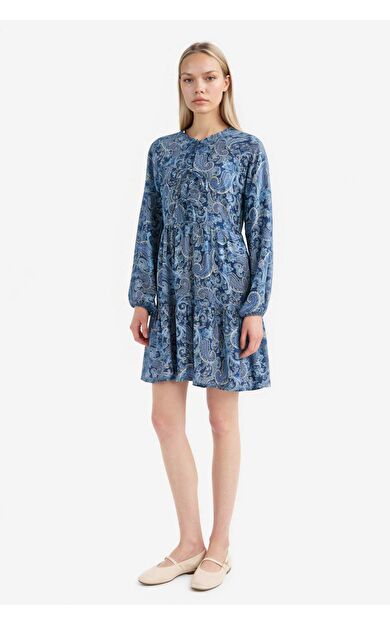 Bisiklet Yaka Puantiye Uzun Kollu Mini Elbise