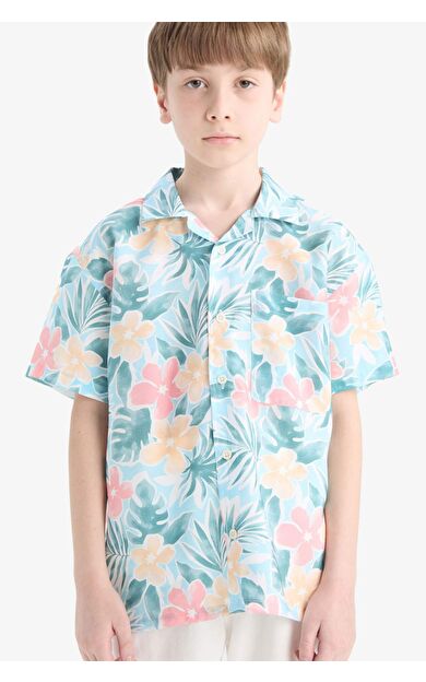 DeFacto Erkek Çocuk Oversize Geniş Kalıp Polo Yaka Desenli Pamuklu Kısa Kollu Gömlek