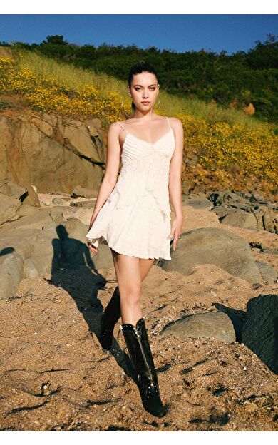 A Kesim Normal Bel Pamuk Astarlı Dokulu Mini Etek