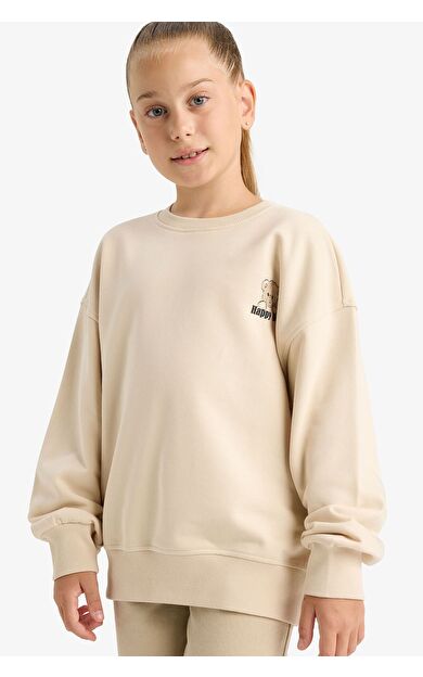 DeFacto Kız Çocuk Oversize Geniş Kalıp Bisiklet Yaka Baskılı Sweatshirt E6755A825AUER230