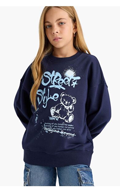Kız Çocuk Oversize Geniş Kalıp Bisiklet Yaka Baskılı Sweatshirt E6755A825AUNV241