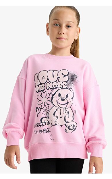 Kız Çocuk Oversize Geniş Kalıp Bisiklet Yaka Baskılı Sweatshirt E6755A825AUPN666