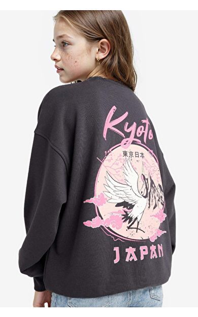 Kız Çocuk Oversize Geniş Kalıp Bisiklet Yaka Sırt Baskılı Sweatshirt