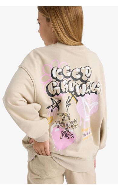 DeFacto Kız Çocuk Oversize Geniş Kalıp Bisiklet Yaka Baskılı Sweatshirt E6756A825AUBG74