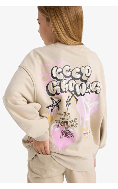 DeFacto Kız Çocuk Oversize Geniş Kalıp Bisiklet Yaka Baskılı Sweatshirt E6756A825AUBG74