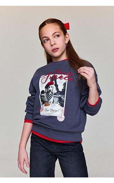 DeFacto Kız Çocuk Relax Fit Bisiklet Yaka Baskılı Sweatshirt