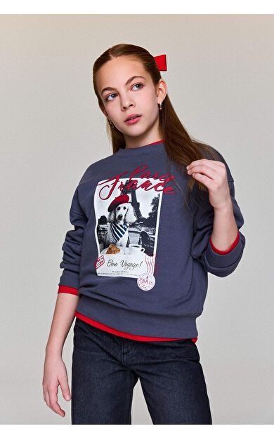 Kız Çocuk Relax Fit Bisiklet Yaka Baskılı Sweatshirt