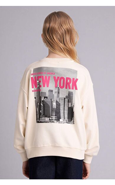 Relax Fıt Bisiklet Yaka Baskılı Sweatshirt Kız Çocuk