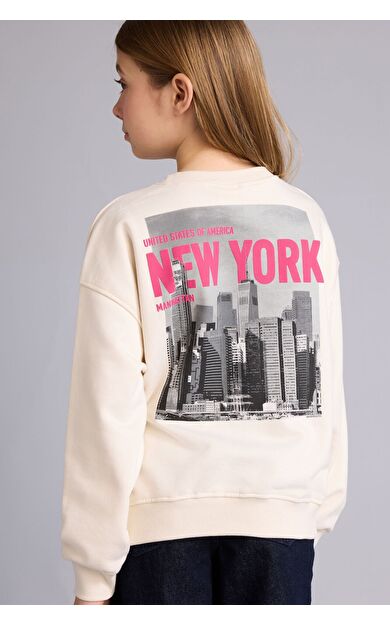 DeFacto Relax Fıt Bisiklet Yaka Baskılı Sweatshirt Kız Çocuk