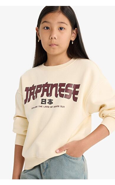 DeFacto Kız Çocuk Relax Fit Bisiklet Yaka Baskılı İçi Yumuşak Tüylü Sweatshirt E6779A825WNER134