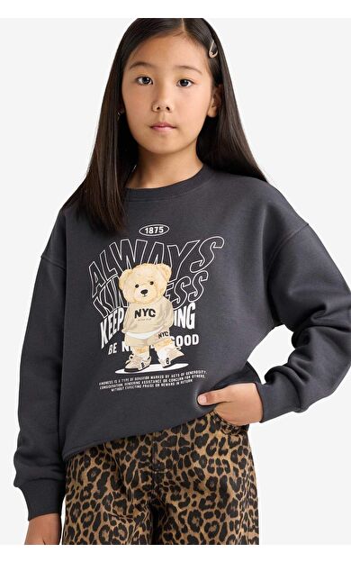 DeFacto Kız Çocuk Relax Fit Bisiklet Yaka Baskılı İçi Yumuşak Tüylü Sweatshirt E6780A825WNAR138